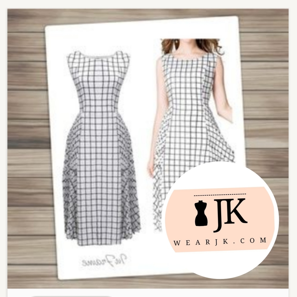 Checkered Plaid Pleated Swing Midi Dress White - Picture 1 of 4